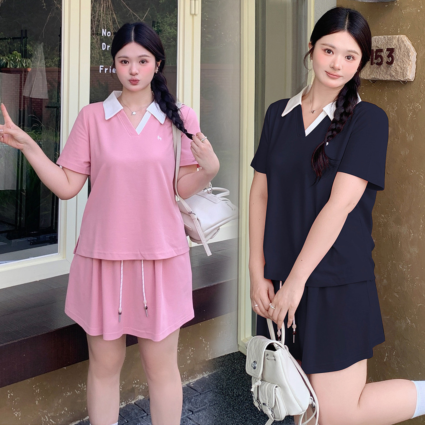 运动套装女大码胖mm200斤减龄休闲polo领短袖t恤夏季短裤显瘦裙裤