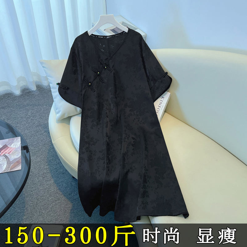 加肥加大码新中式国风显瘦连衣裙200斤胖mm中长款气质a字旗袍裙子