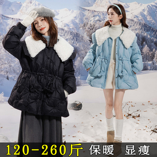 大码娃娃领羽绒服女冬季中长款显瘦200斤胖mm宽松收腰棉服厚外套3