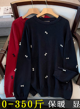 红色内搭毛衣大码女胖mm高级感宽松200斤秋冬蝴蝶结针织打底衫300