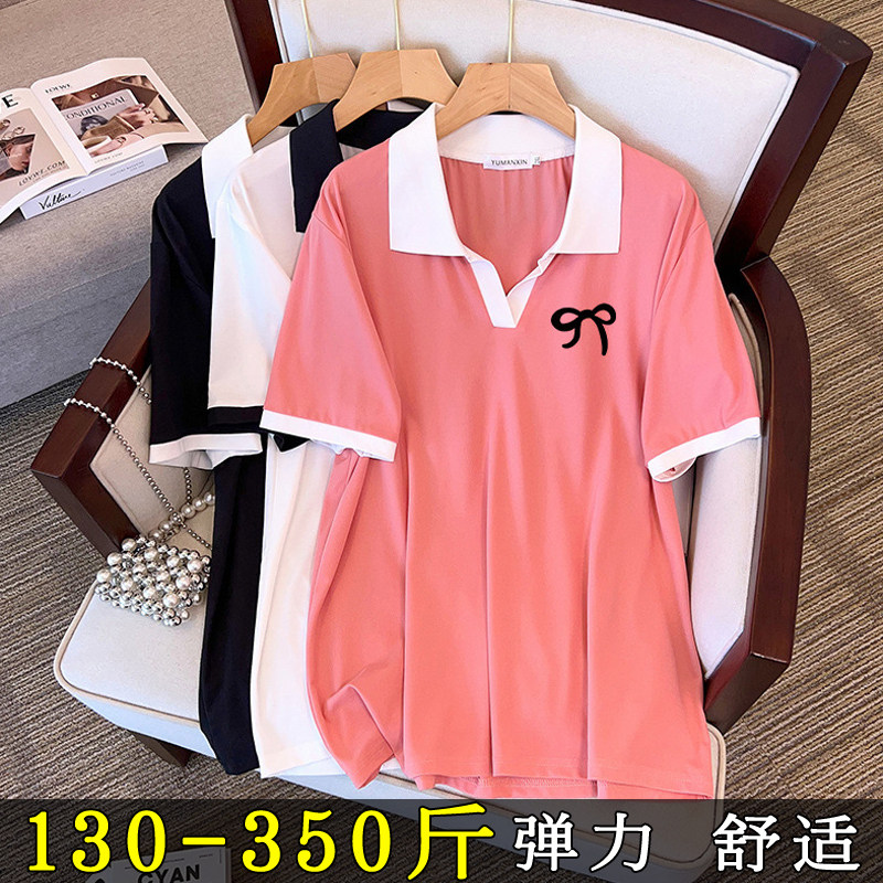 特大码翻领polo衫显瘦短袖体T恤女200斤胖mm夏季宽松正肩弹力上衣