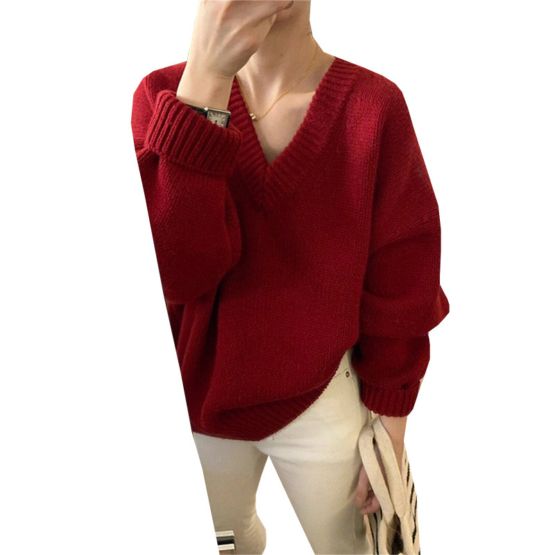 HONMEI NEW YEAR RED V-NECK KNITTED SWEATER WOMENS 2022 WINTER SENSE OF LUXURY LAZY STYLE FASHION PULLOVER TOP TOP