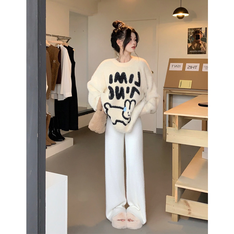 CARTOON BUNNY LETTERS MINK PULLOVER KNITTED SWEATER WOMENS TRENDY BRAND DESIGN LAZY STYLE CUTE PADDED TOP