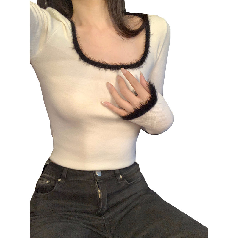 BLACK AND WHITE CONTRASTING STITCHING CROPPED KNIT SWEATER WOMENS DESIGN SENSE SLIM SLIM PULLOVER SQUARE NECK LEAKY COLLARBONE BASE SHIRT