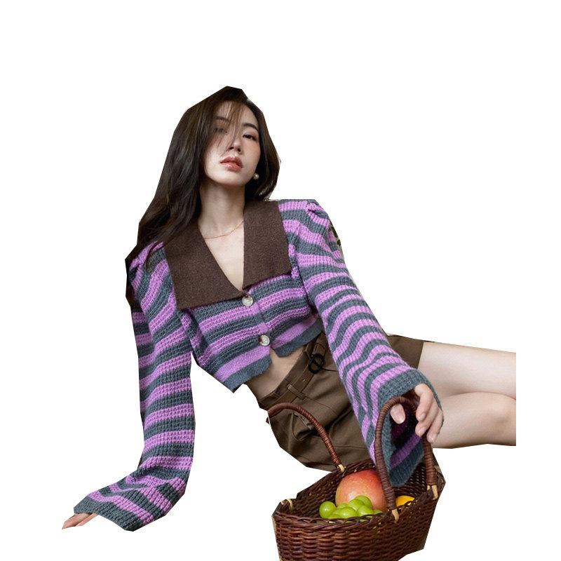 FRENCH RETRO LAPEL CONTRASTING STRIPED KNIT SWEATER WOMENS DESIGN CINCHED WAIST SHORT PUFF SLEEVE SINGLE-BREASTED JACKET