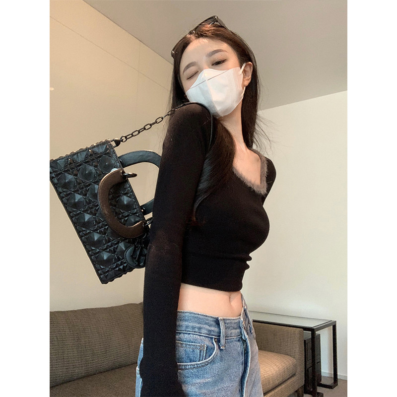 BLACK AND WHITE CONTRASTING STITCHING CROPPED KNIT SWEATER WOMENS DESIGN SENSE SLIM SLIM PULLOVER SQUARE NECK LEAKY COLLARBONE BASE SHIRT