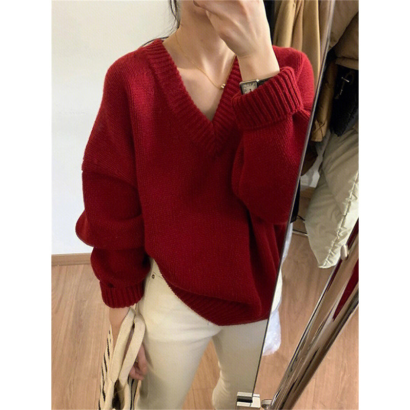 HONMEI NEW YEAR RED V-NECK KNITTED SWEATER WOMENS 2022 WINTER SENSE OF LUXURY LAZY STYLE FASHION PULLOVER TOP TOP