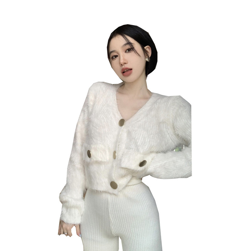 KOREAN WARM AND GLUTINOUS MINK FLEECE SWEATER JACKET WOMENS AUTUMN AND WINTER NICHE DESIGN SENSE V-NECK LONG-SLEEVED CROPPED TOP