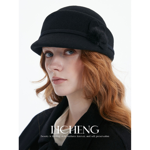 礼诚 复古时髦花朵羊毛呢帽子女优雅千金风马术帽优雅圆顶小礼帽