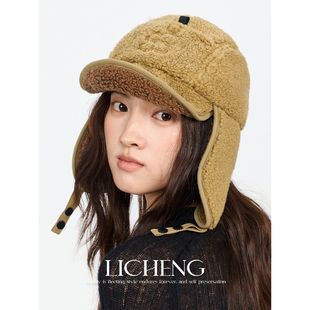 礼诚 花朵刺绣雷锋帽女秋冬保暖骑行护耳帽羊羔绒飞行帽防寒头套