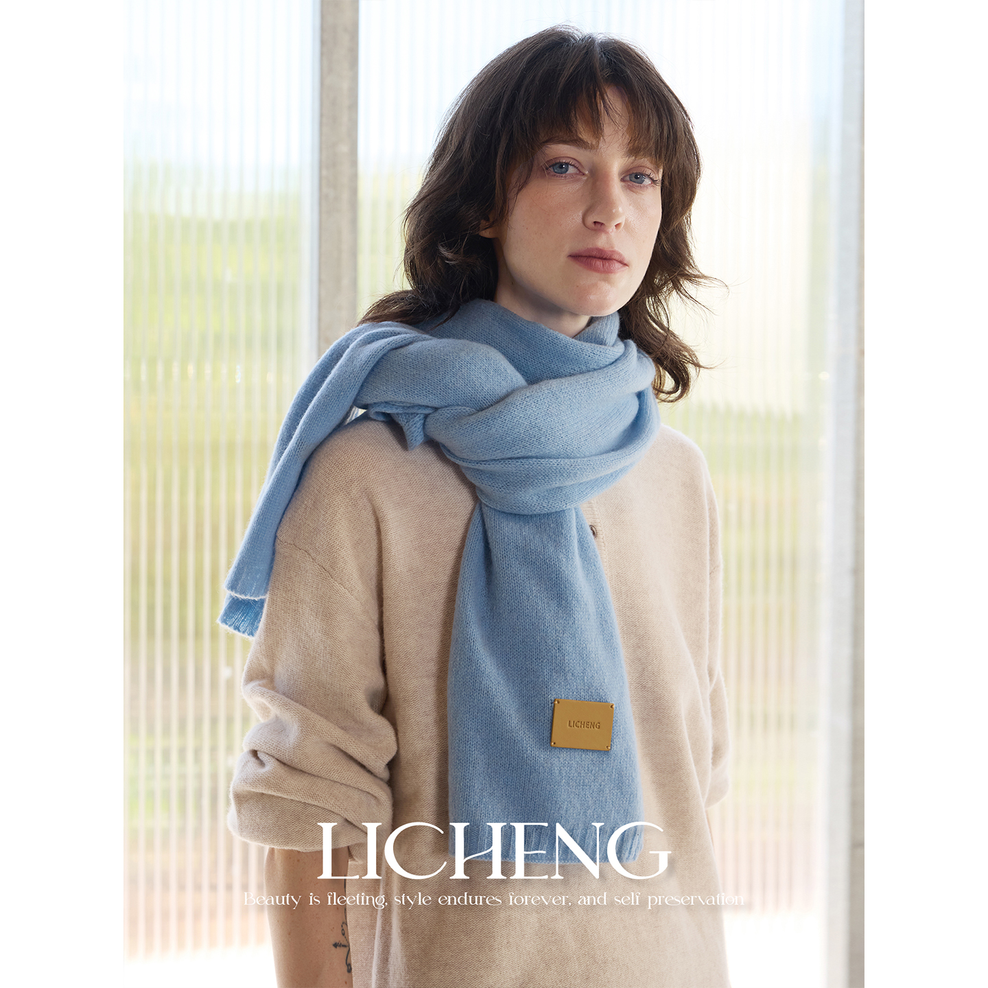 礼诚 北欧冰岛蓝100%羊毛围巾女款秋冬百搭加厚保暖纯色围脖披肩