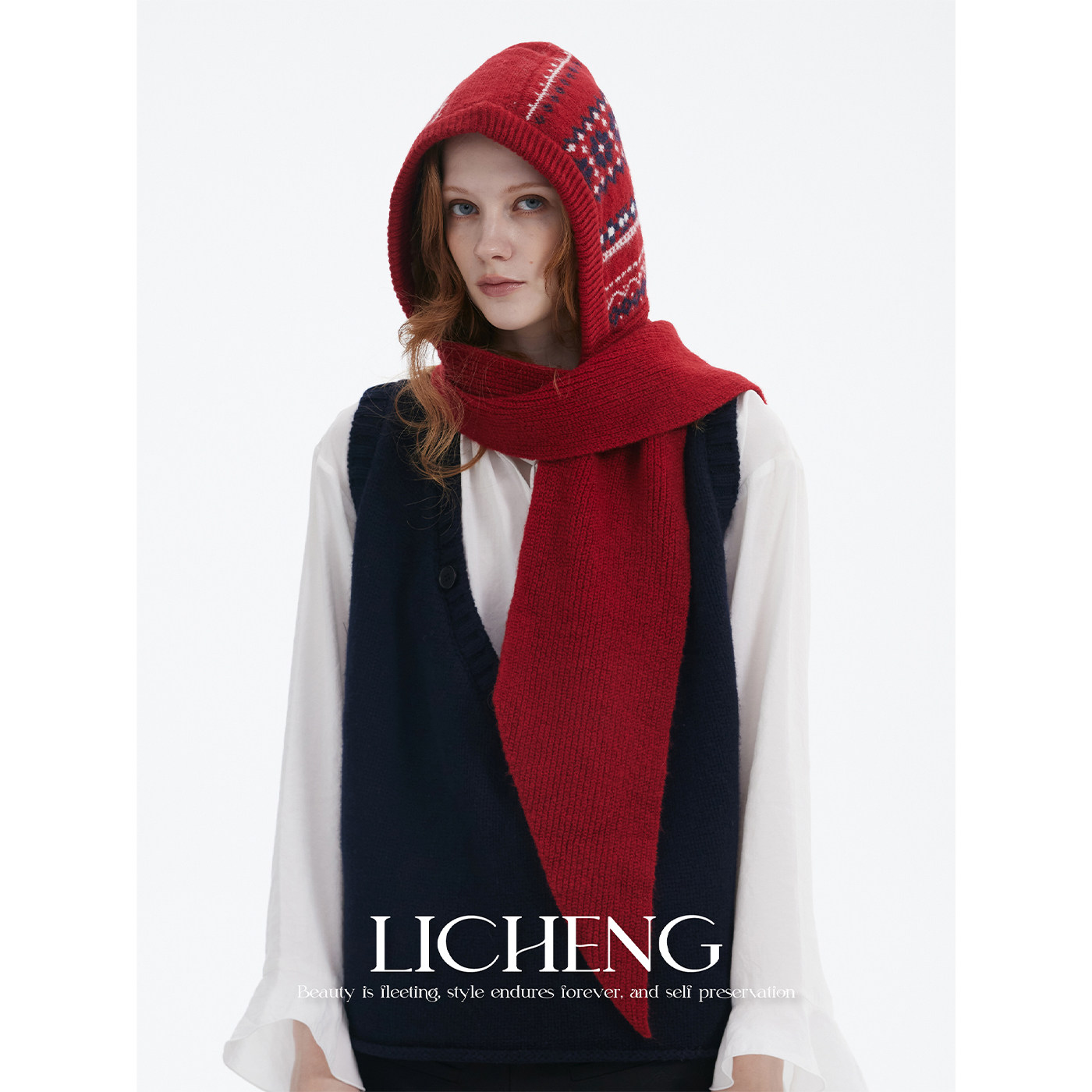 费尔岛提花一体式帽子围巾护耳帽