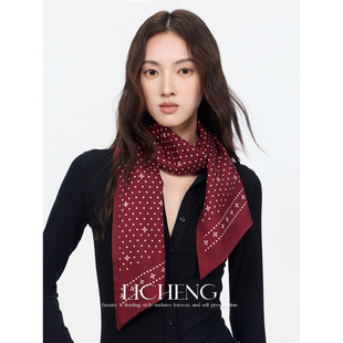 礼诚 复古波点勃艮第红真丝羊毛细长围巾女春秋百搭领巾系脖丝巾