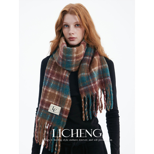 礼诚 普鲁蓝棕格纹马海毛羊毛围巾英伦复古冬季加厚保暖流苏围脖