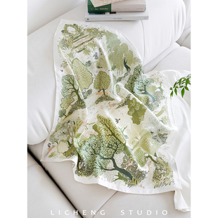 礼诚 小鹿森林清新绿调~高品质斜纹绸真丝丝巾方巾礼物女春秋围巾