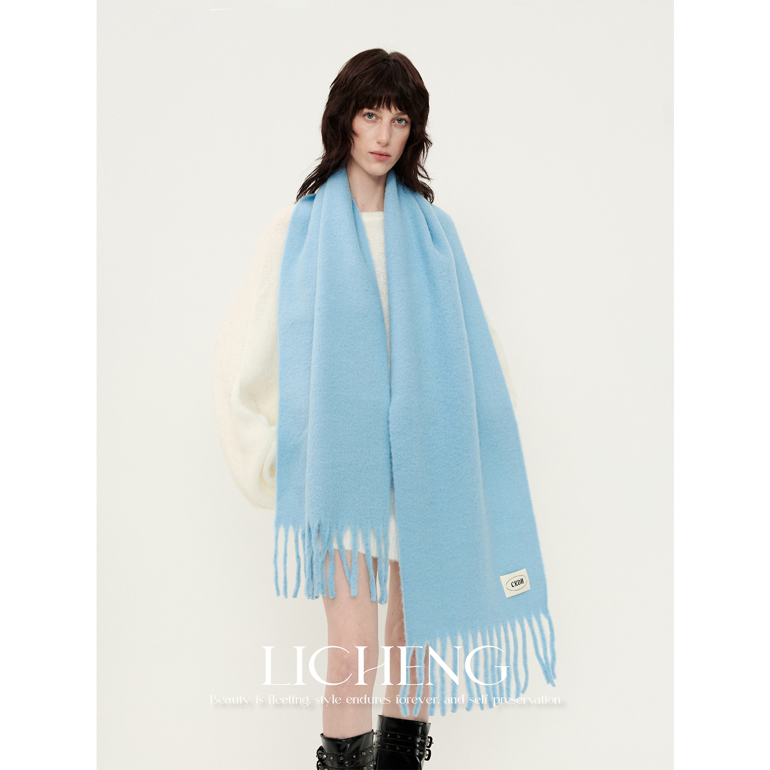 原创定纺冰岛蓝羊毛马海毛围巾女