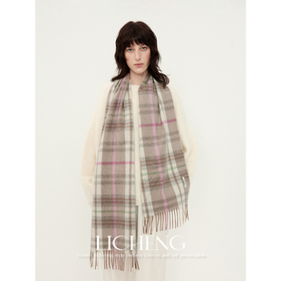礼诚 保暖披肩流苏围脖 时髦复古感100%羊毛格纹围巾2025秋冬新款