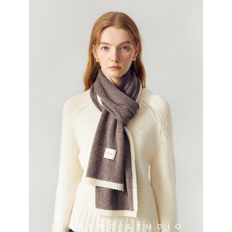 礼诚 经典好搭配100%羊毛围巾女冬季保暖撞色边毛线针织围脖送礼