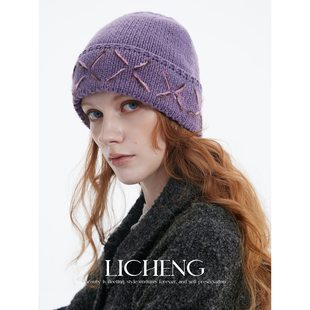 礼诚 复古紫手工撞色线羊毛混纺针织冷帽女冬季保暖护耳包头帽子