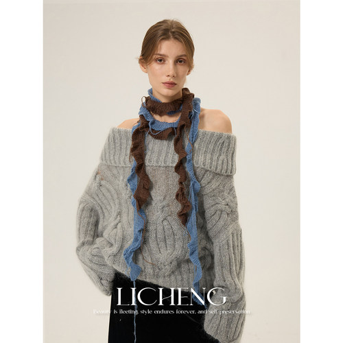 马海毛羊毛混纺针织细窄围巾女