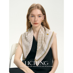 礼诚 100%桑蚕丝淡绿腰果花方巾新款双绉真丝丝巾女春夏包头头巾