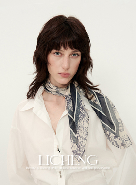 礼诚 时髦感中古蓝白100%桑蚕丝丝巾女百搭真丝方巾送礼春夏头巾