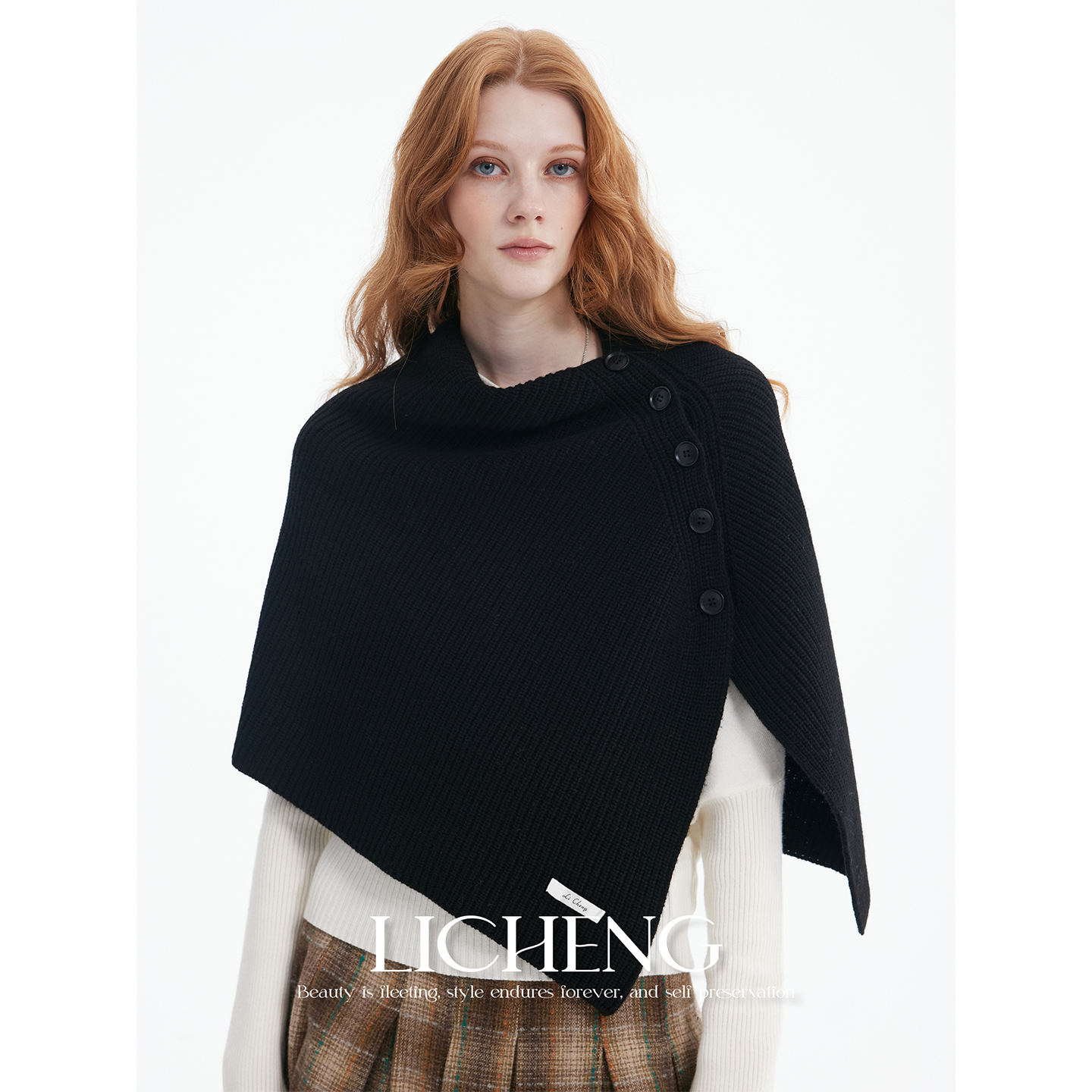 设计感斜肩羊毛针织披肩斗篷上衣