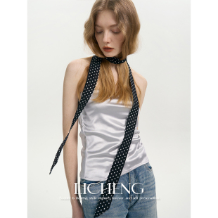 飘带领巾春秋季 百搭发带 黑白小波点真丝丝巾女细窄长款 礼诚原创