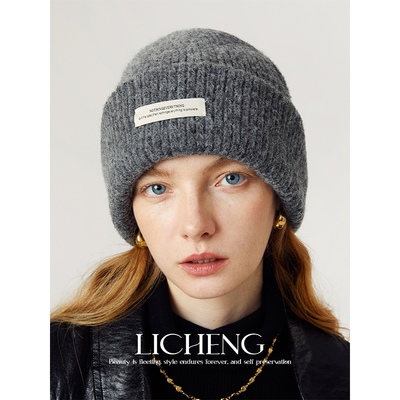 复古粗针情侣款大头围针织帽女