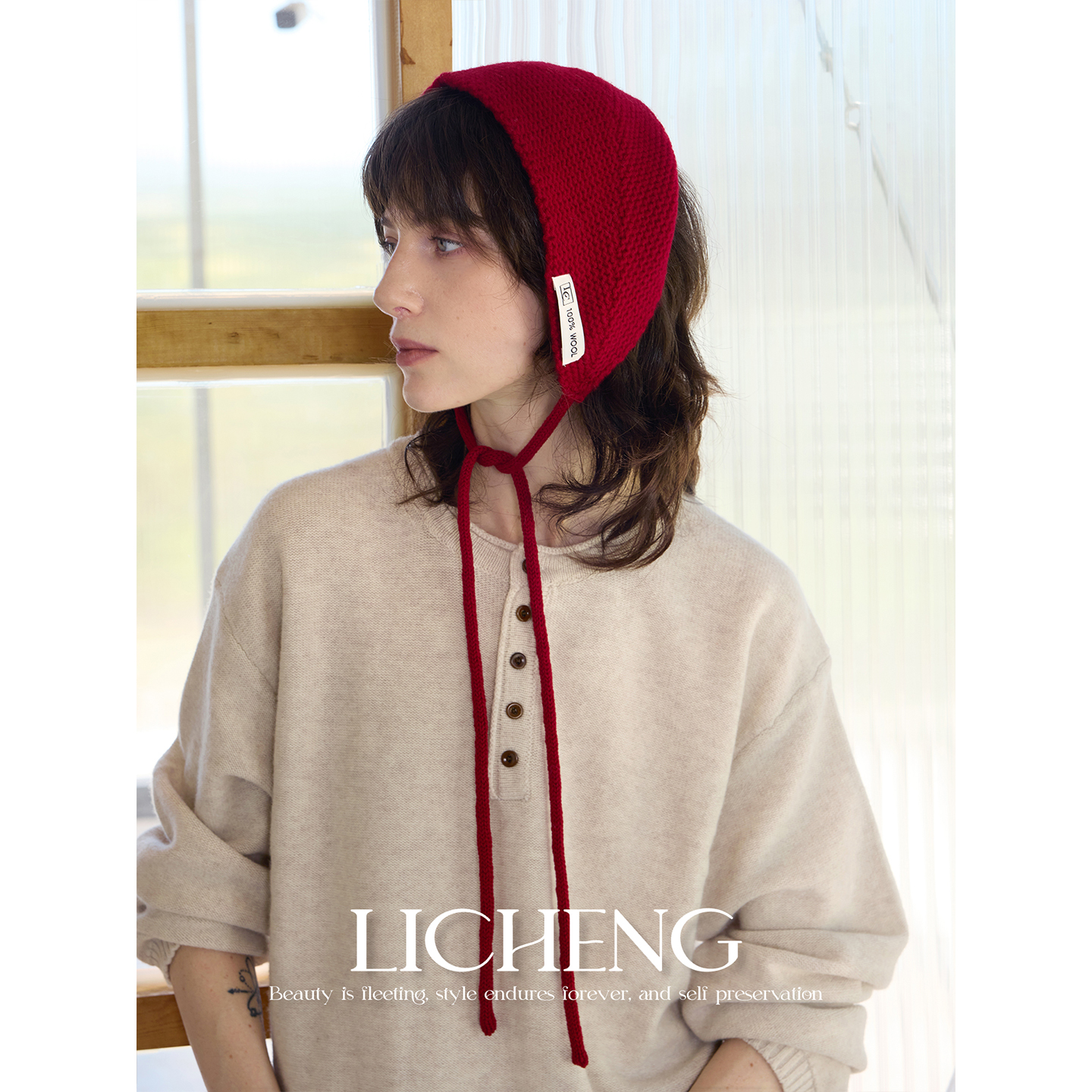 礼诚 北欧感复古红100%羊毛针织系带围巾女秋冬保暖毛线耳罩头巾