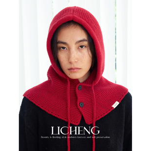 礼诚 法式复古新年红100%羊毛巴拉克拉法帽秋冬护耳帽包头针织帽