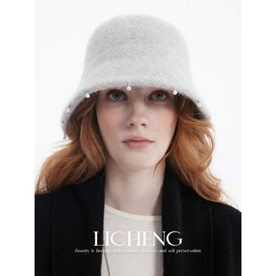 礼诚 柔软兔毛羊毛混纺渔夫帽子设计感珍珠挂饰冬季保暖毛绒盆帽