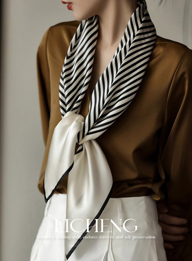 礼诚 夏季防晒简约真丝条纹丝巾春秋新款百搭桑蚕丝围巾披肩方巾