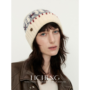 礼诚 复古费尔岛100%羊毛针织帽秋冬新款北欧风提花毛线包头帽子