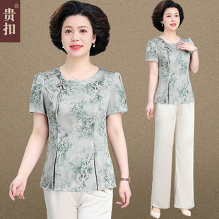 媽媽夏裝 夏季 洋氣2025新款 中老年女裝 雪紡小衫 短袖 新中式 上衣 套裝