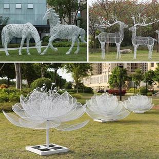 不锈钢镂空梅花鹿雕塑铁艺编织马发光骆驼蒲公英抽象蝴蝶花朵摆件