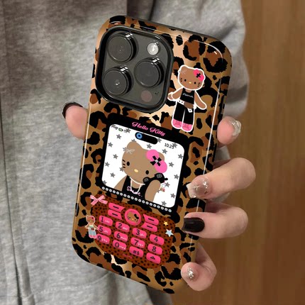 豹纹大哥大kitty 适用苹果16promax新款iPhone15手机壳女生1314高级感小众不撞款12防摔二合一菲林保护套plus
