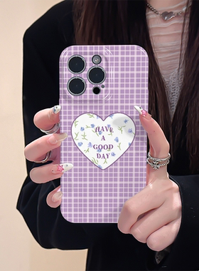 紫色格纹英文爱心适用iphone15promax苹果14ins风简约新款13全包mini防摔xr小众高级感12菲林8plus11手机壳女
