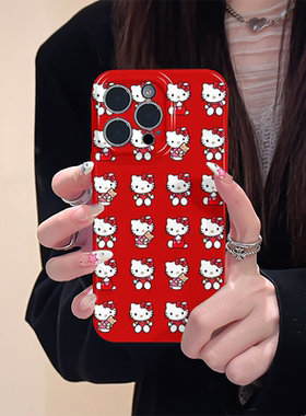 红色底多只可爱hellokitty适用iphone15promax苹果14凯蒂猫新款13全包mini防摔xr高级感12菲林plus11手机壳女