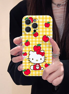 黄色格纹hellokitty适用iphone15promax苹果14可爱凯蒂猫新款13全包mini防摔xr高级感12菲林8plus11手机壳女
