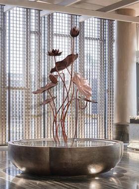 不锈钢荷叶雕塑软装酒店大堂水池铁艺金属荷花落地园林景观摆件