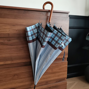 复古格子长柄弯钩雨伞学生抗风遮阳防晒防紫外线小众木柄太阳伞
