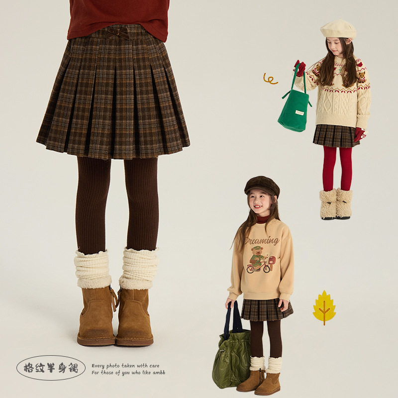 艾摩贝贝2026冬中大女童韩版学院风格子半身裙百搭复古毛呢百褶裙,童装/婴儿装/亲子装,半身裙,淘宝优惠券,粉丝福利购,淘宝优惠卷