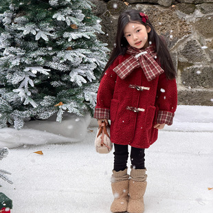 把新年的喜庆穿在身上!女童红色喜庆拜年服中长款大衣毛绒外套潮