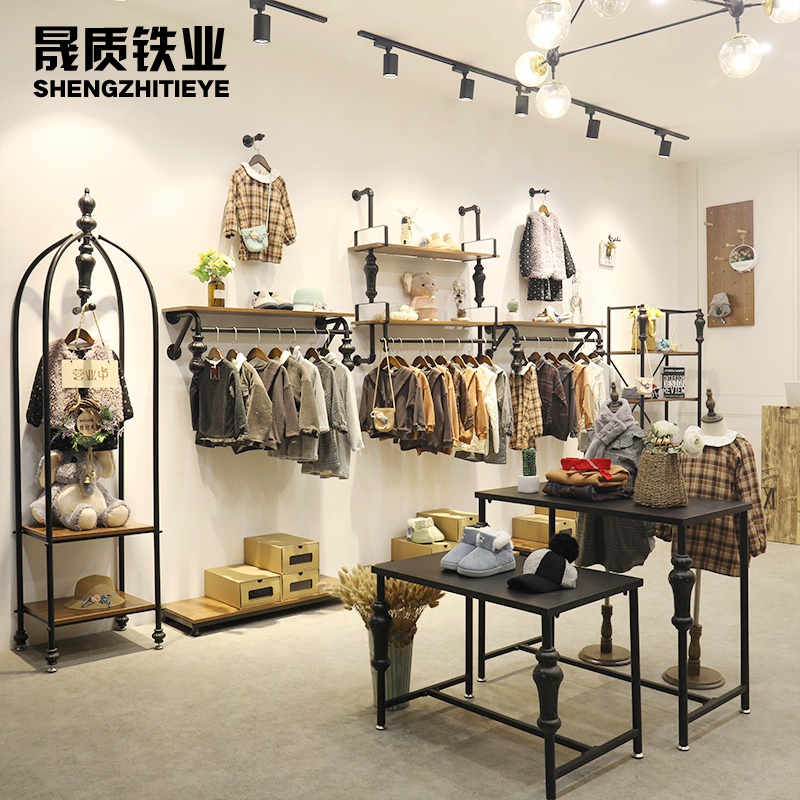 复古童装店衣架展示架上墙壁挂式儿童服装店铺装修设计挂衣架组合