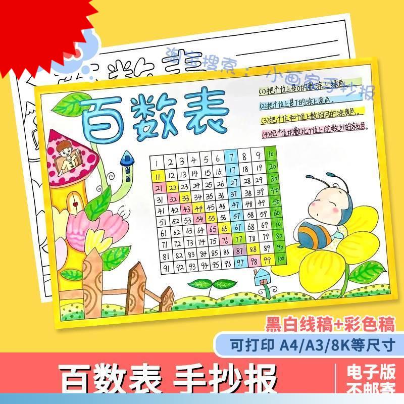 百数表儿童绘画 画手抄报小学生百数图可涂色电子小报a3线 线描稿