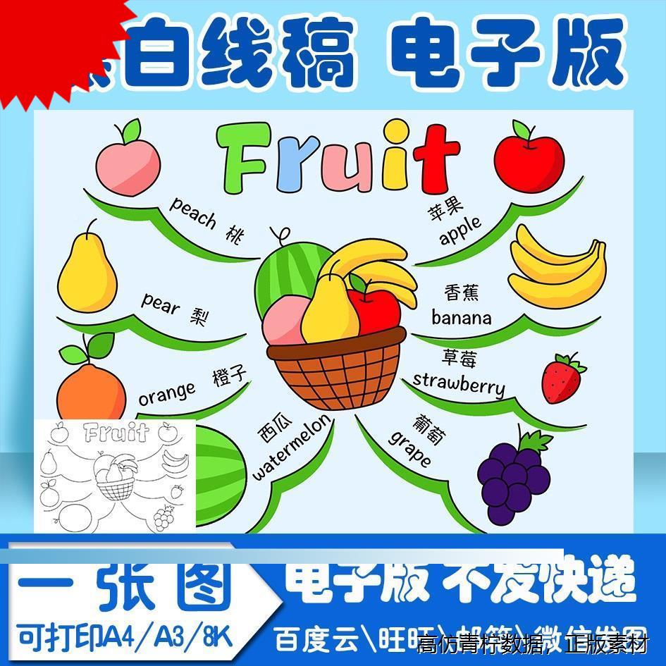 可打印水果英语手抄报模板英文思维导图电子版黑白线稿图A3 A4 8K