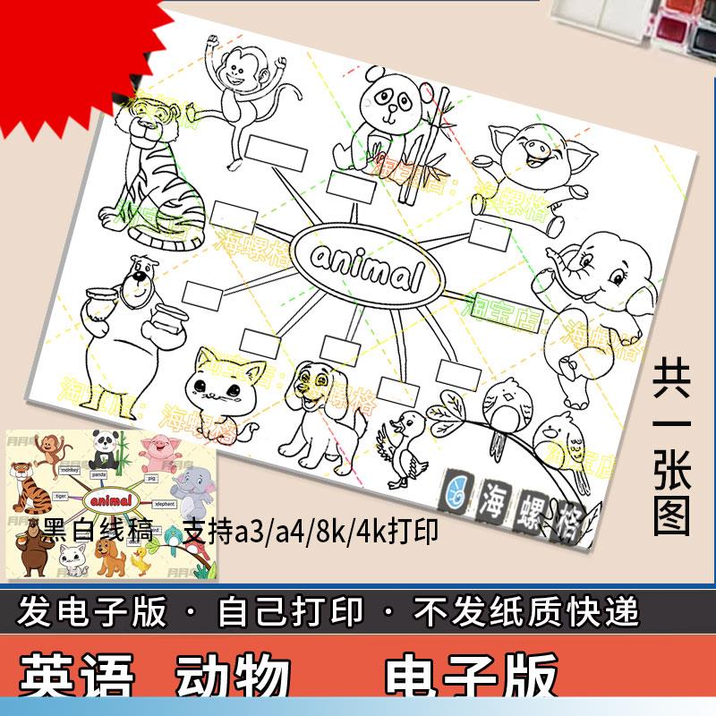 可打印英语三年级上第四单元动物animal手抄报模板电子版线稿思维