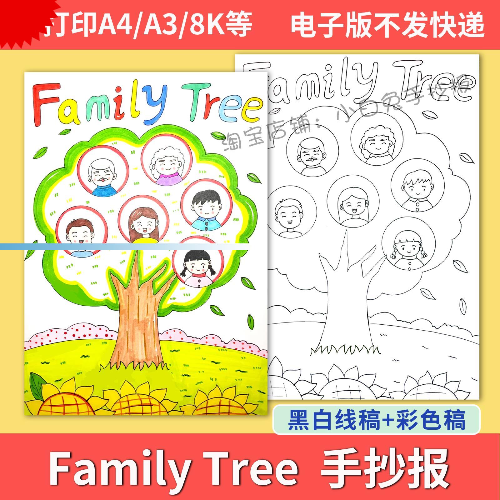 family tree 竖版英文儿童画模板小学生三五年级英语家庭树手抄报图片