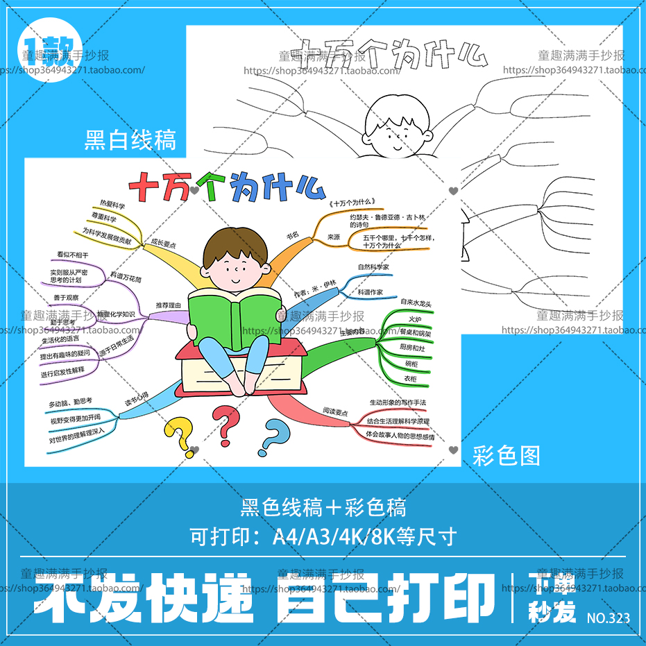 十万个为什么思维导图手抄报电子版小报模板半成品黑白线涂色填色